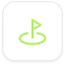 A light green icon of a triangular golf flag on a pole, placed within a circular outline, centered on a rounded white square background, ideal for golf London or golf memberships branding.