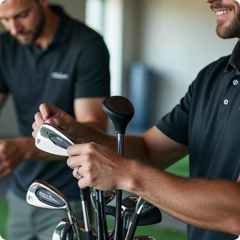 Two men in black polo shirts prepare golf clubs, with one selecting a club from a golf bag while the other stands nearby—both partially visible and focused on their task.