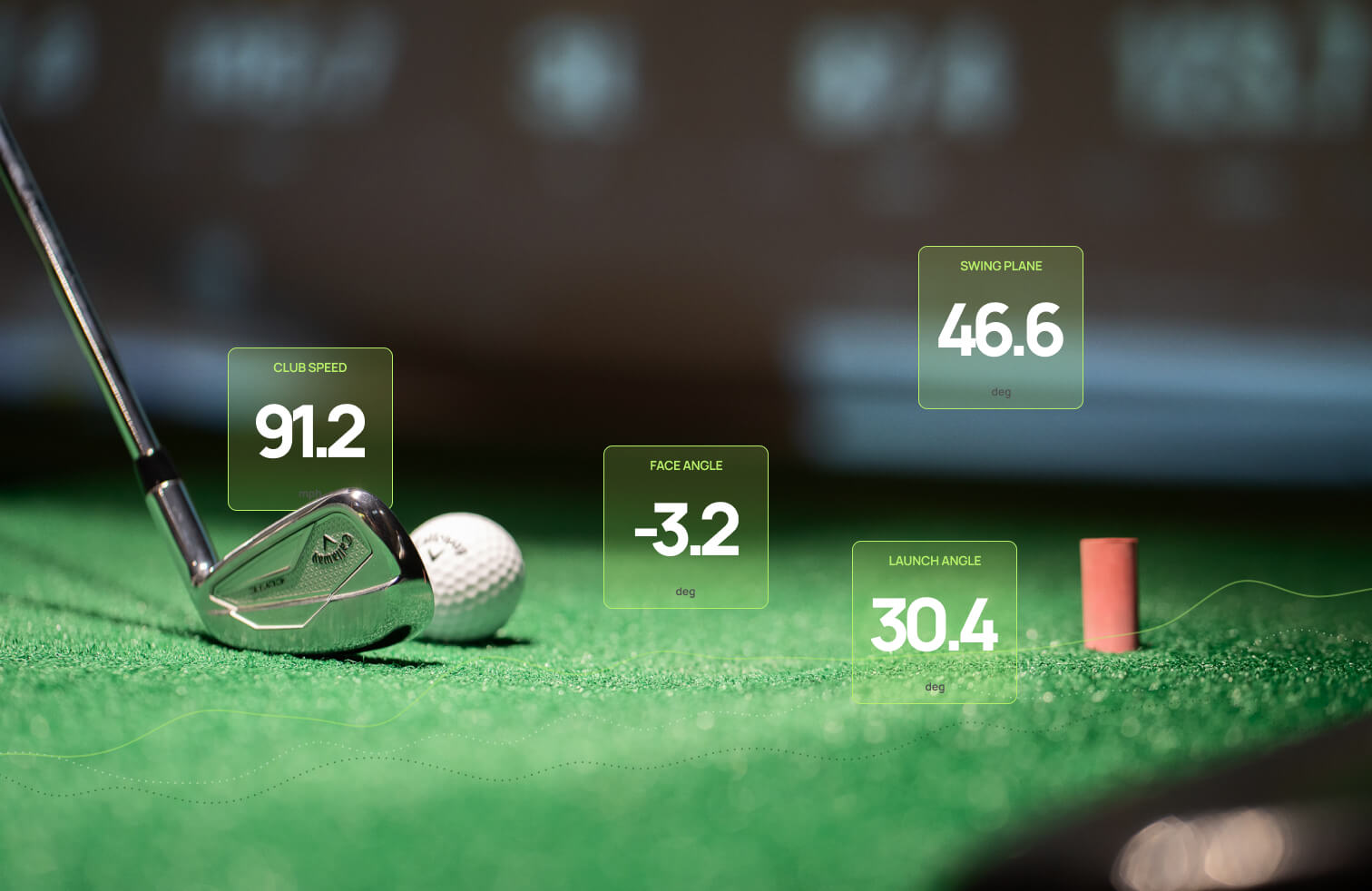 A golf club rests near a golf ball on artificial turf, with TrackMan digital overlays displaying metrics: club speed 91.2, face angle -3.2, swing plane 46.6, and launch angle 30.4. A small red tee is nearby.